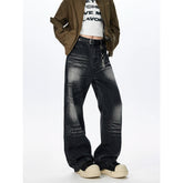 Mens Loose Fit Straight Leg Floor Length Jeans Lightning Wash Pattern Denim Pants Casual Streetwear Fashion Trendy Comfortable